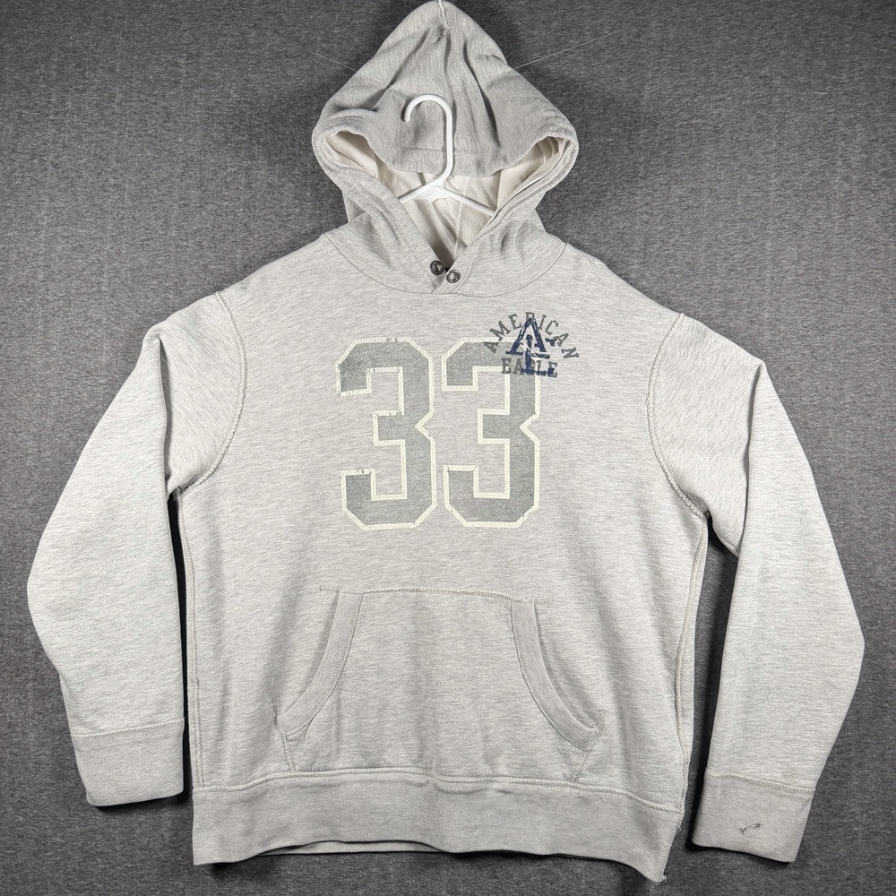 Y2K American Eagle Outfitters Hoodie Mens Large Gray 33 Graphic Pullover Fleece